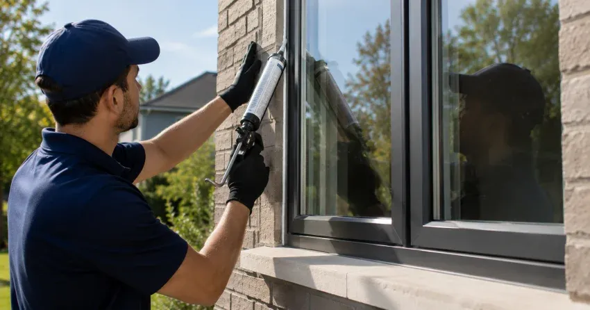 Aluminum window frame with double glazed insulated glass unit installed in a residential wall in Merritt Estates, Parkhill