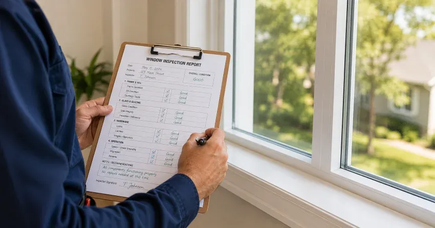 technician inspecting window seal and frame in Parkhill