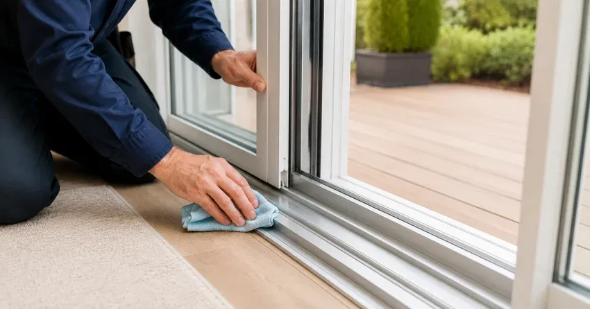 technician inspecting a sliding patio door track in Parkhill