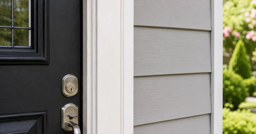 technician inspecting door jamb behind cracked casing in Parkhill home