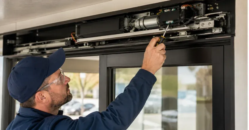technician completing automatic door repair on residential property in Parkhill