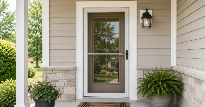 technician hanging storm door square and plumb in Merritt Estates, Parkhill