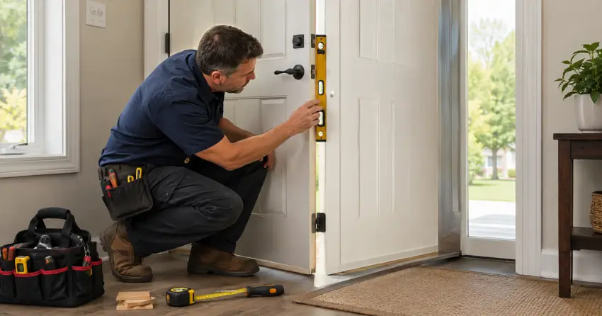 technician diagnosing a misaligned door frame in Parkhill