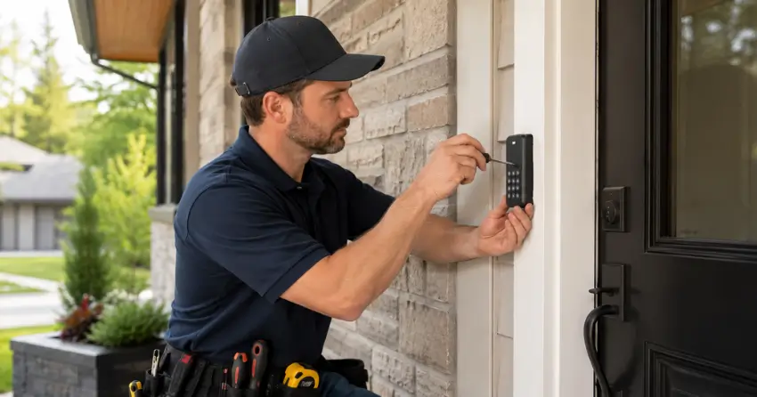 Technician installing an access control system keypad beside a residential front door in Merritt Estates, Parkhill