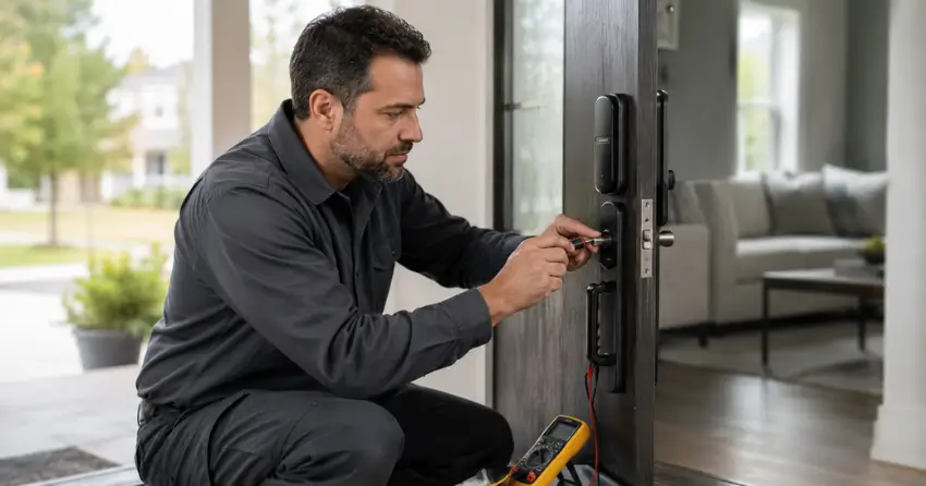 technician diagnosing automatic door lock mechanism on residential door in Parkhill