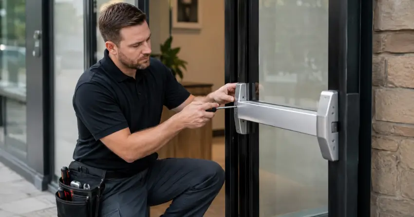 commercial locksmith repairing exit device on storefront door Parkhill