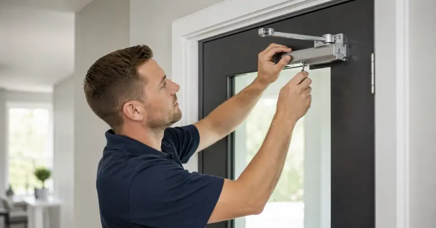 technician adjusting door closer hydraulic valve in Parkhill home