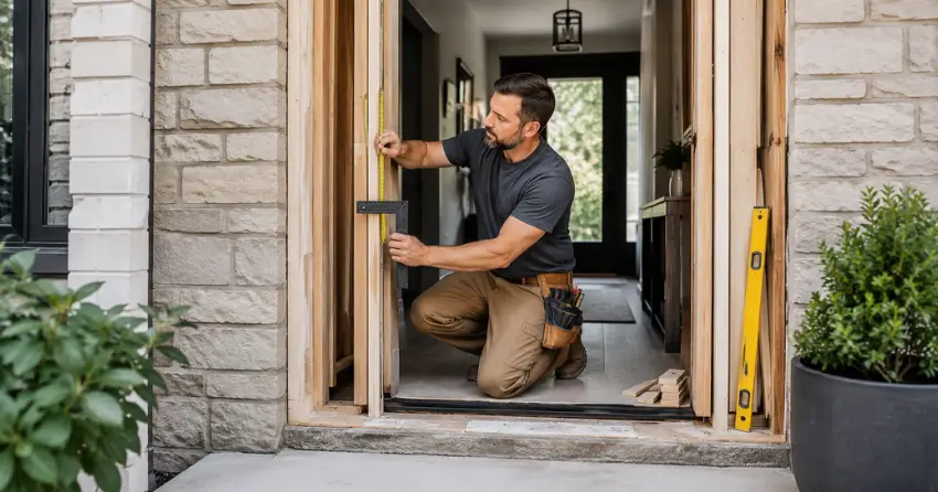 exterior door installer assessing rough opening in Parkhill