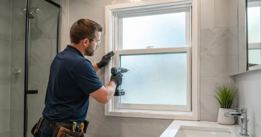 frosted glass installation bathroom window in Merritt Estates, Parkhill