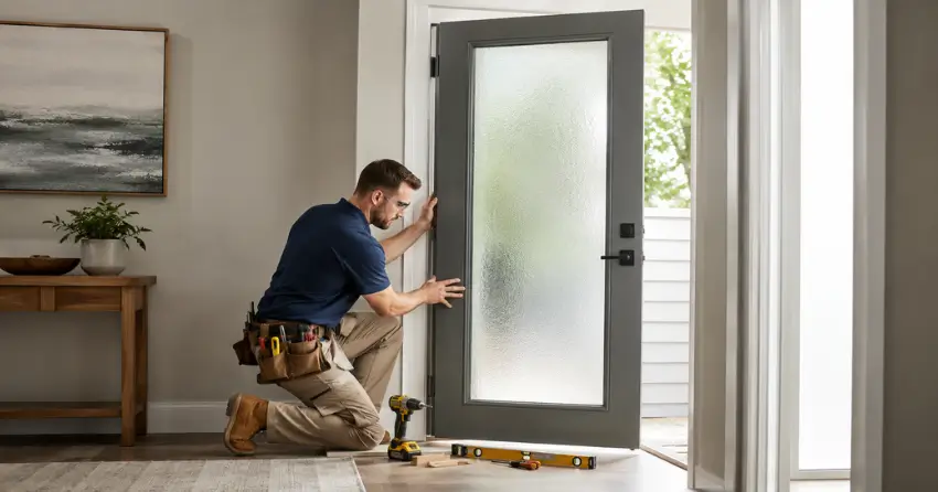 glass panel door installation with frosted privacy glass in residential setting in Parkhill