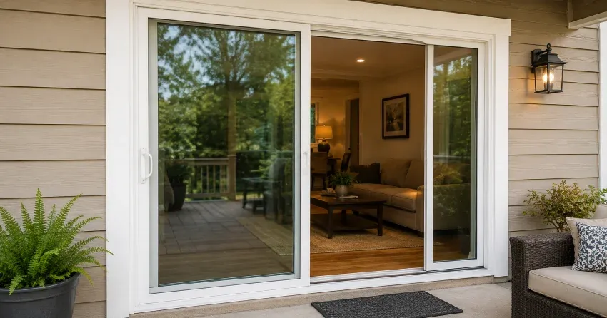 Patio Door Installation technician setting a new frame in Parkhill