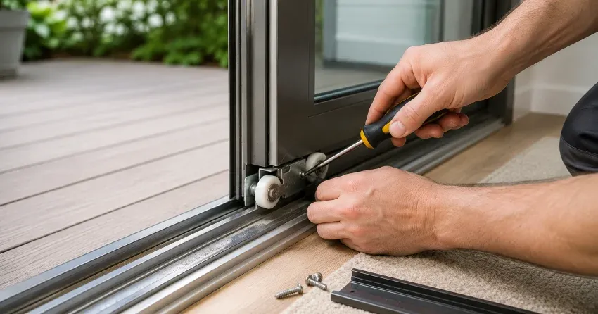 sliding door fix Westwood Estates, Parkhill technician diagnosing track issue