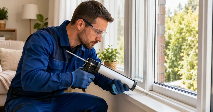 technician repairing window seal and frame in Parkhill
