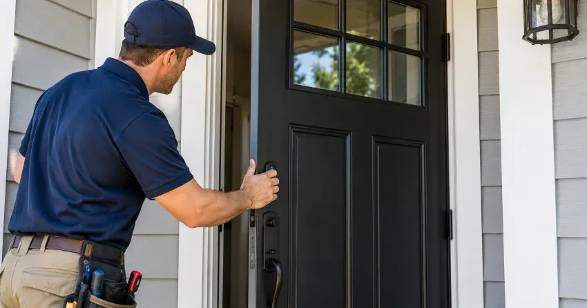 technician adjusting door hinge and strike plate in Merritt Estates, Parkhill home