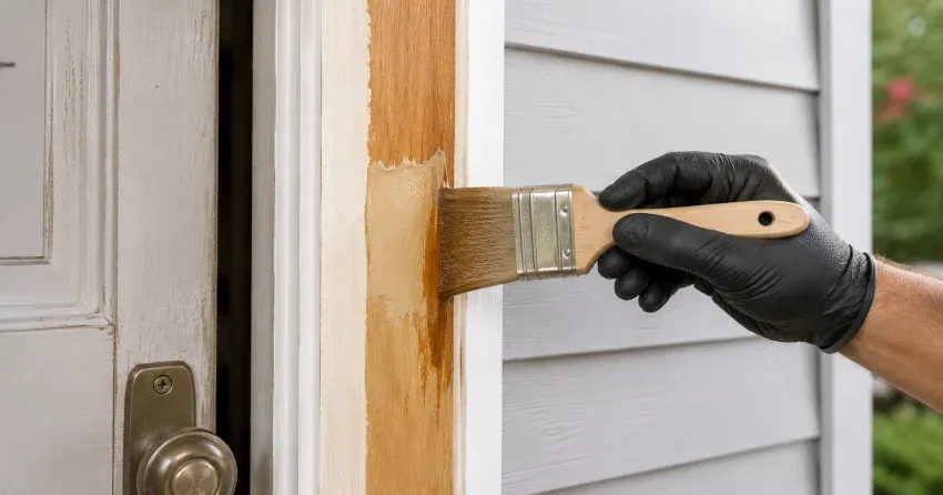 technician probing rotted wood on a door frame in West Park Meadows, Parkhill