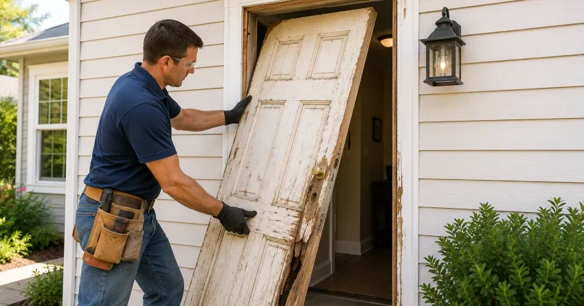 warped exterior door frame showing weather damage in Parkhill