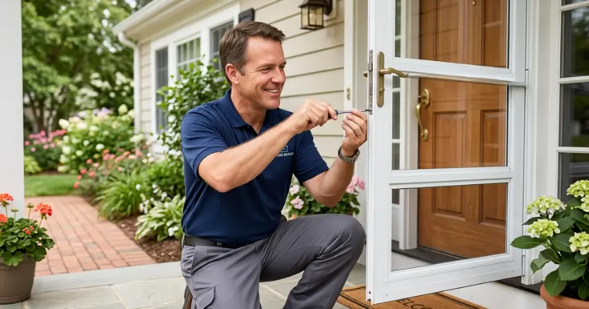 technician adjusting storm door hinge and closer in Parkhill